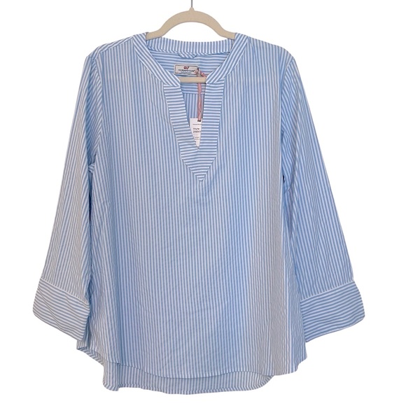 Vineyard Vines Performance Harbor Savannah Popover Blouse Seersucker Blue Stripe - Picture 1 of 4